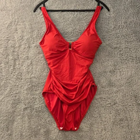 Lauren Ralph Lauren Ring-Detail Over The Shoulder One-Piece Swimsuit Red NWT - Picture 2 of 8